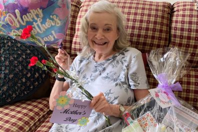 Timbers resident with Mother’s Day gift basket