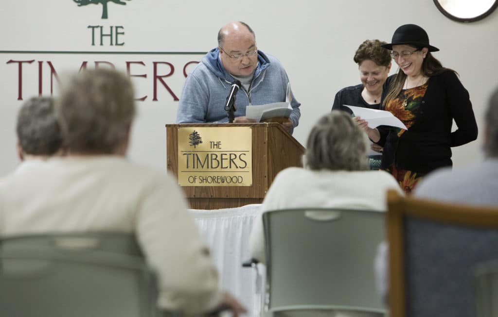 Stephen Saporta, Diana Estell and Denise M. Baran-Unland  authors from the WriteOn Joliet club read a short story to Timbers of Shorewood 