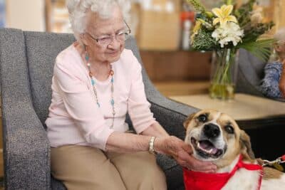 Senior Resdient of the Timbers pets Maya the therapy dog.