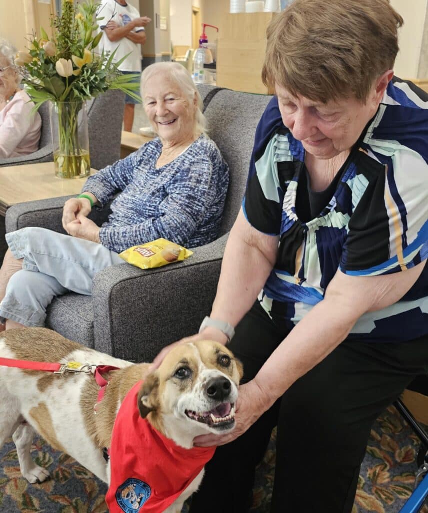Maya the therapy dog and two seniors from the Timbers of Shorewood